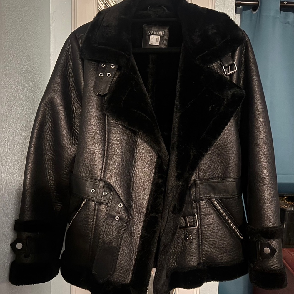 Beautiful warm imitation leat & fur coat - worn once
